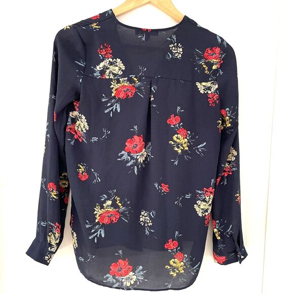 Primark Women's Size 0 Long Sleeve Navy Blue Floral Blouse V-Neck Boho Pocket - Picture 3 of 7